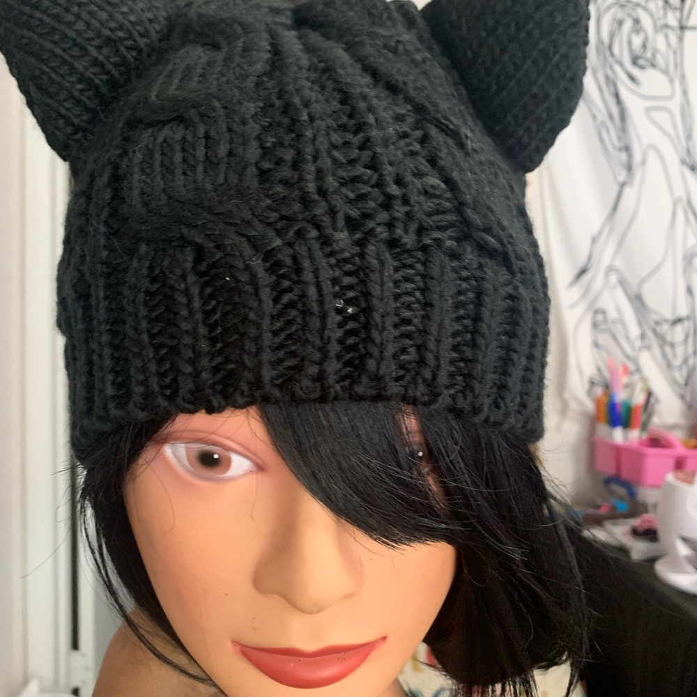Black Knit Cat Ear Beanie for Adults or Kids - Picture 2 of 2